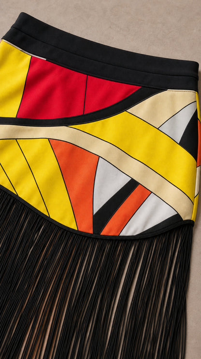 Close-up detail of geometric patchwork pattern and black fringe