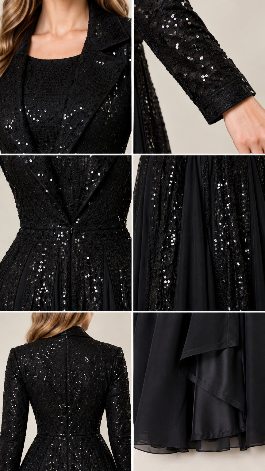 Close-up details of black sequin jacket lapel, sleeve, and chiffon skirt lining