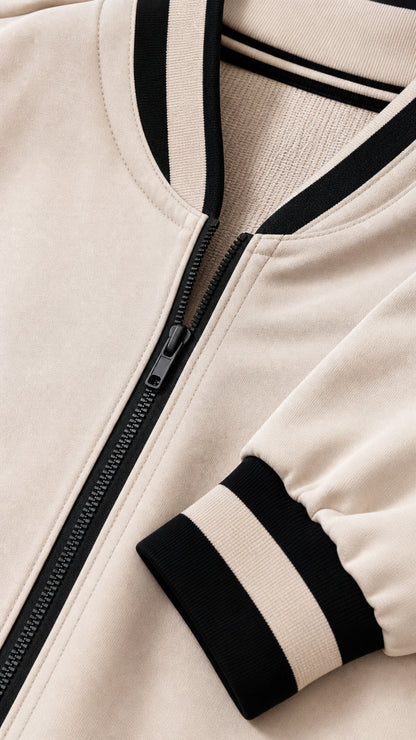 Close-up detail of beige bomber jacket zipper and striped ribbed cuffs