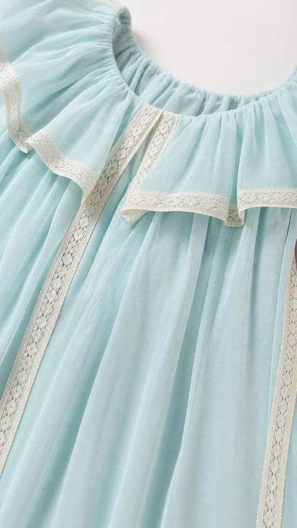 Close-up of lace trim and ruffles on light blue dress