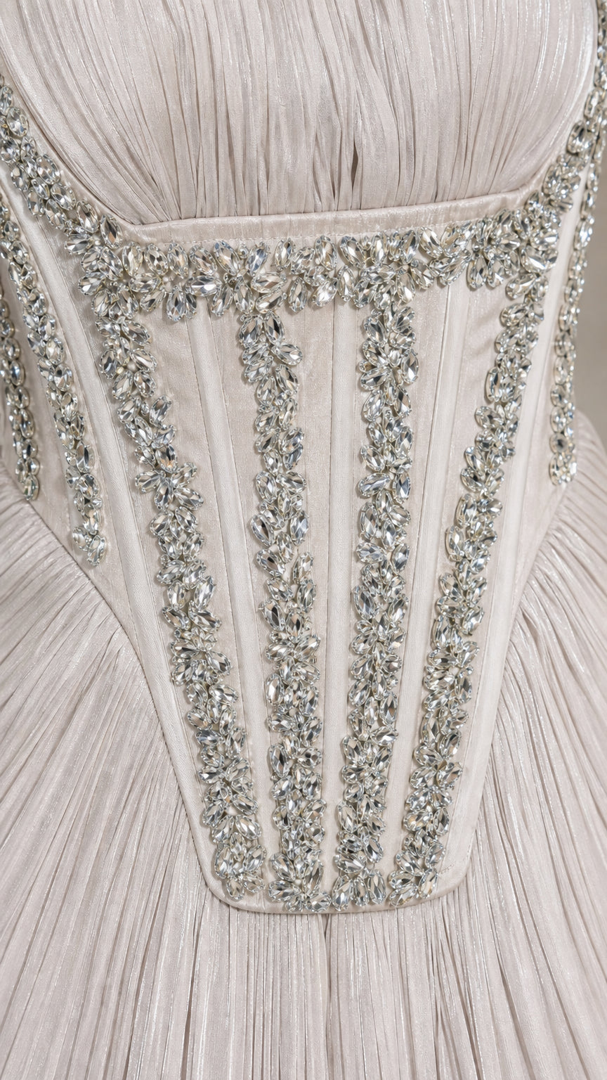 Close-up detail of sparkling crystal rhinestone embellishments on corset bodice