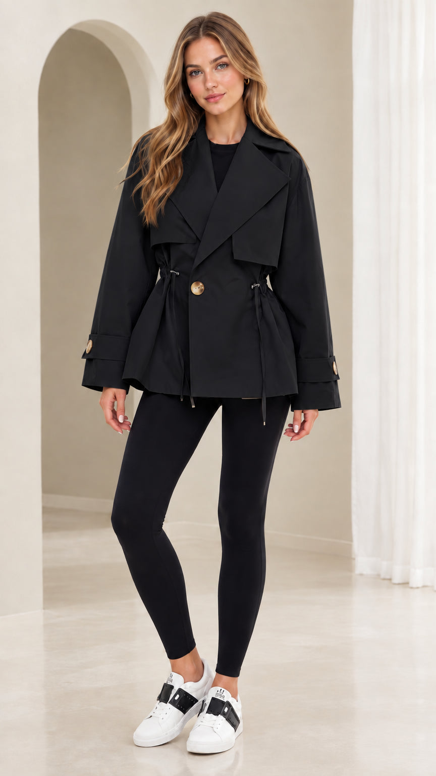 Front view of model wearing black short drawstring waist trench coat