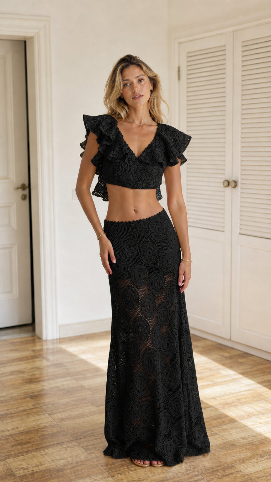 Front full view of black crochet two-piece set