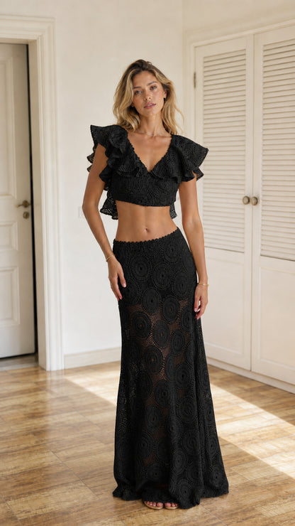 Front full view of black crochet two-piece set