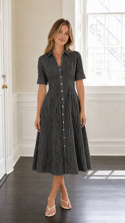 Model wearing black striped midi shirt dress