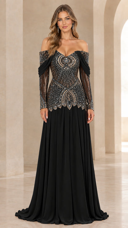 Front view of black off-the-shoulder embellished evening gown