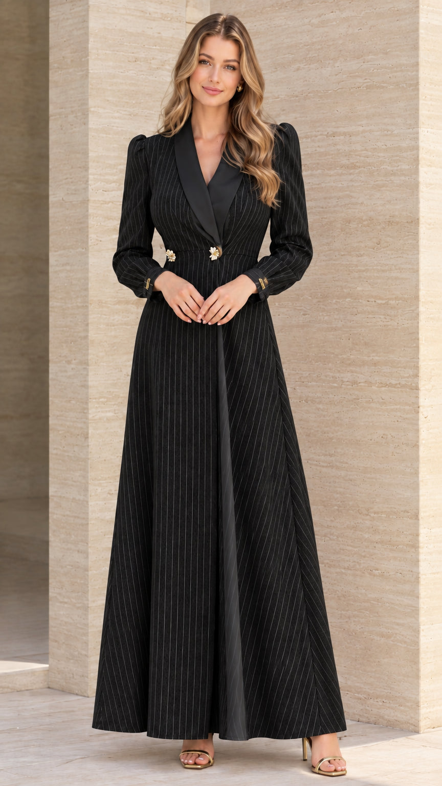 Front view of black pinstripe maxi blazer dress with contrast collar