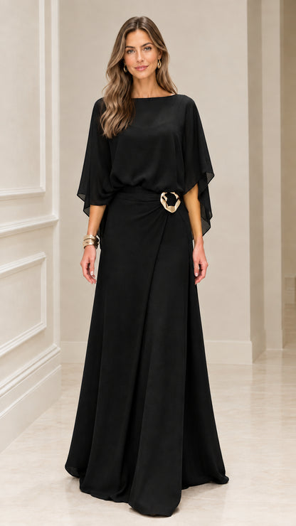 Front view of Black cape sleeve evening maxi gown with metallic buckle