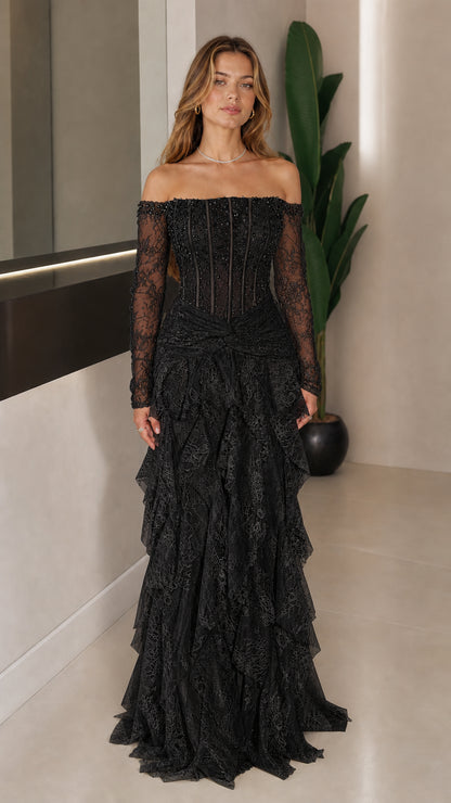 Front view of black off-shoulder lace corset evening gown