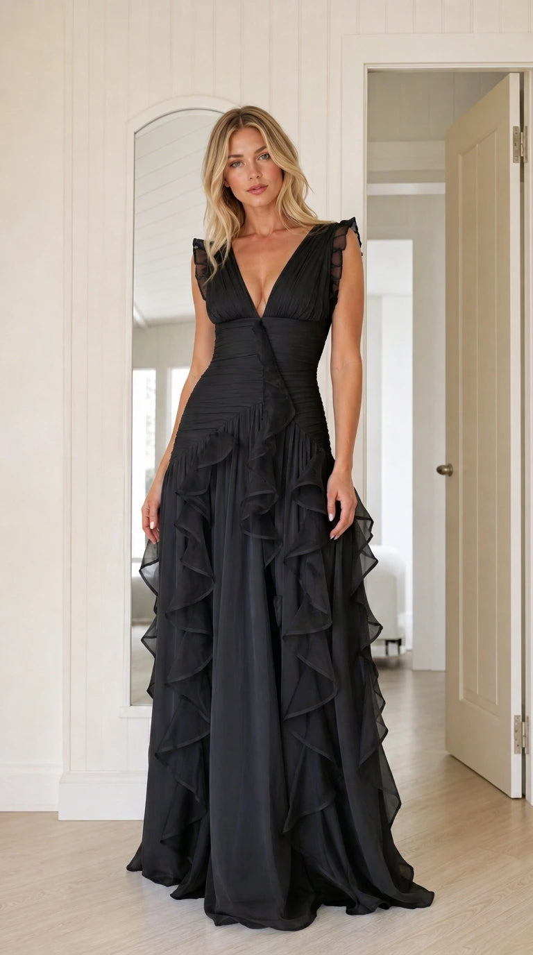 Woman wearing black plunging v-neck cascading ruffle evening maxi dress