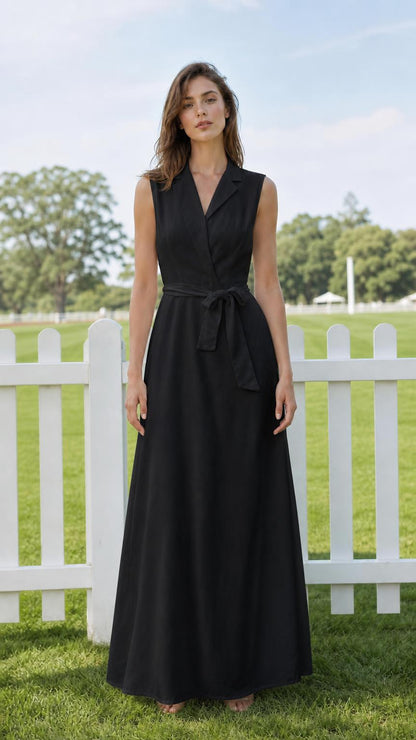 Model wearing black sleeveless lapel maxi dress