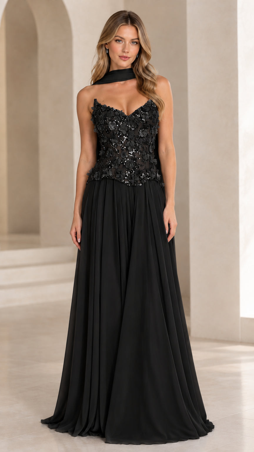 Model wearing Black floral appliqué sweetheart neck chiffon evening gown