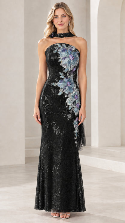 Black strapless sequin evening gown with blue and lavender floral appliqué
