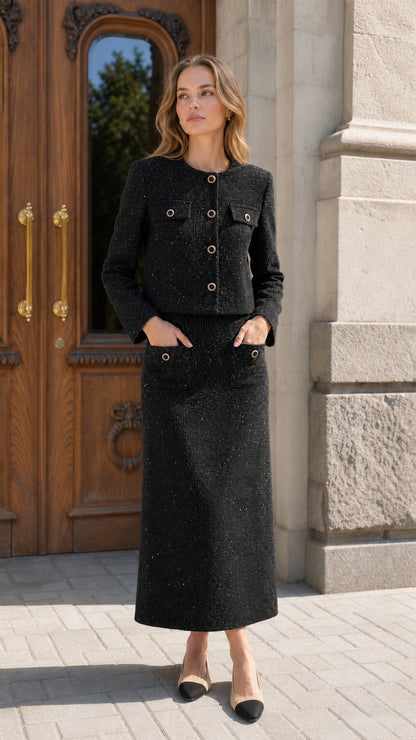 Woman wearing black tweed cropped jacket and matching maxi skirt set