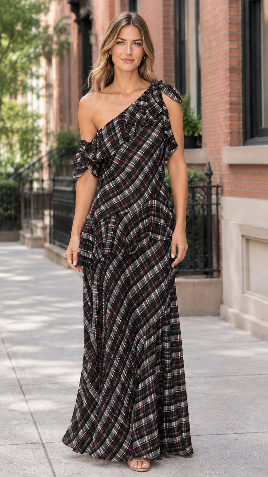 Front view of black and white plaid one-shoulder ruffle maxi dress