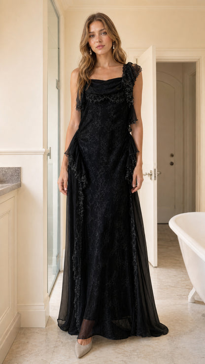 Front view of model wearing black evening gown
