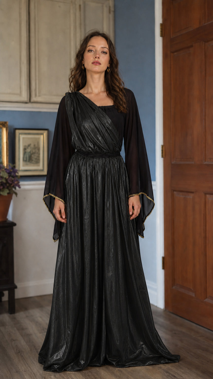 Grecian goddess black metallic long sleeve maxi dress