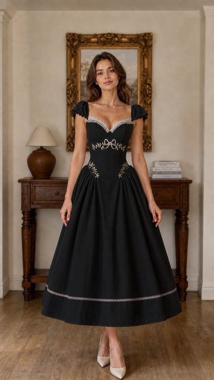 Front full view of Black embroidered sweetheart midi dress