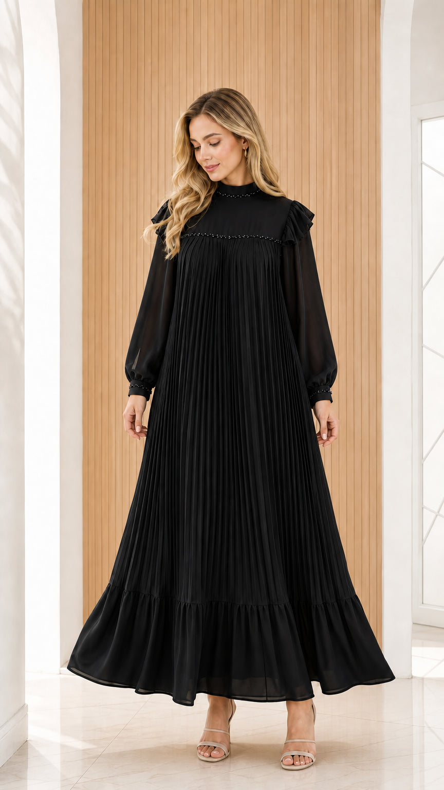 Black mock neck long sleeve accordion pleated maxi dress