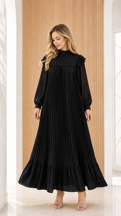 Black mock neck long sleeve accordion pleated maxi dress