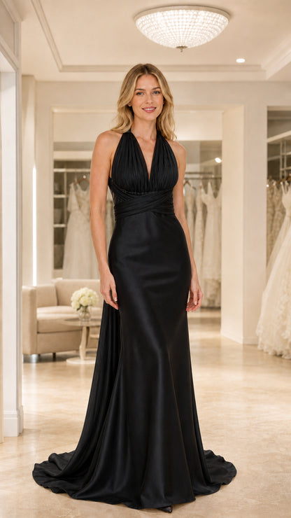 Full-length view of Black halter pleated satin evening gown