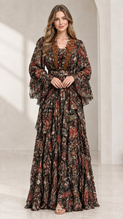 Front view of black floral print tiered maxi dress with long sleeves