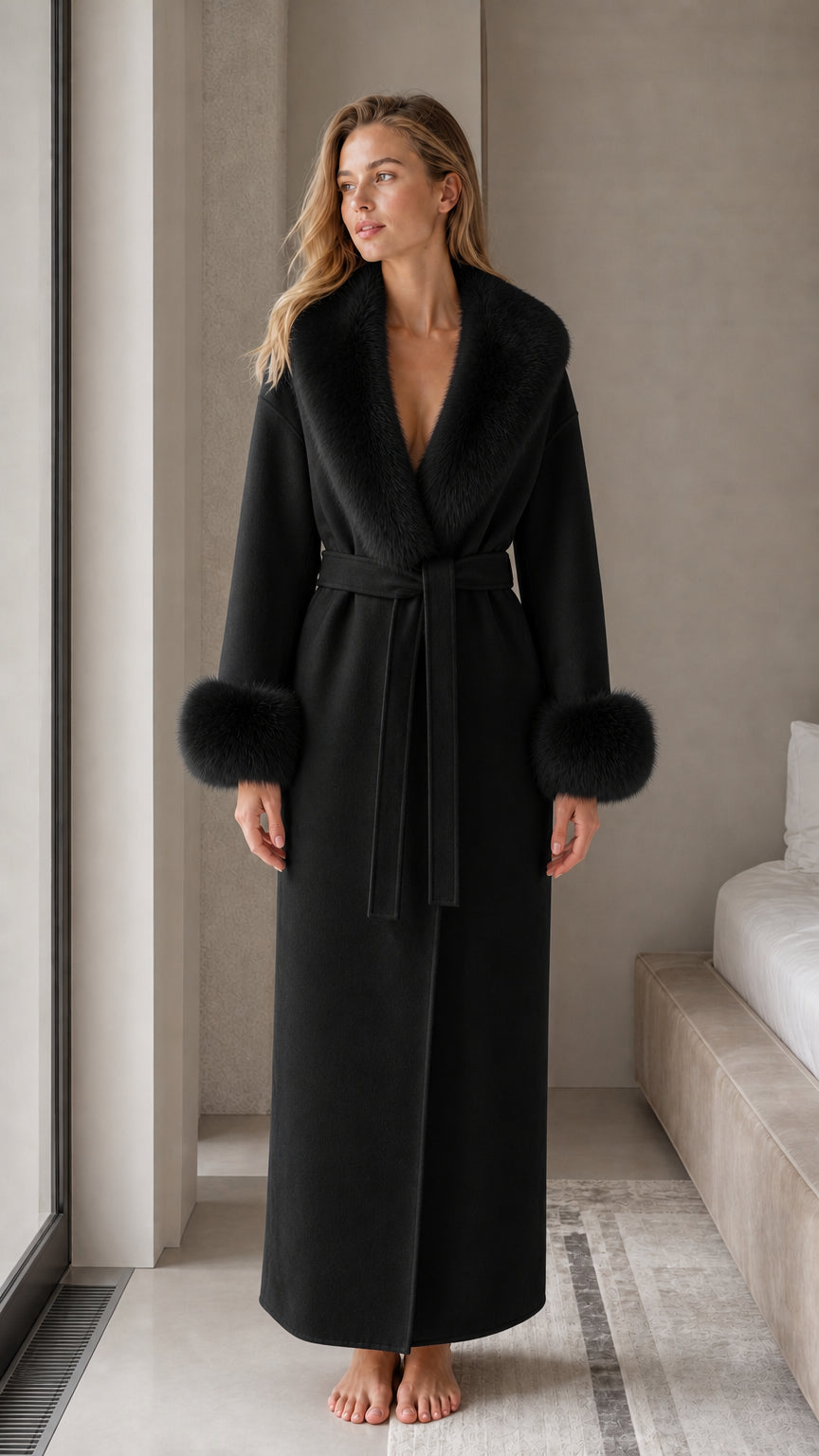 Classic black maxi wrap robe with black plush fur collar and cuffs