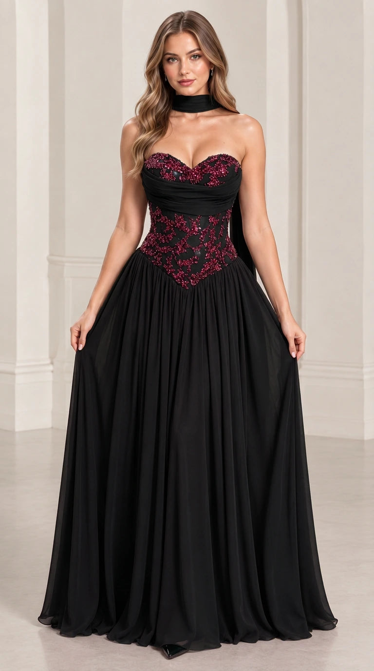 Front view of black strapless evening gown with embellished bodice