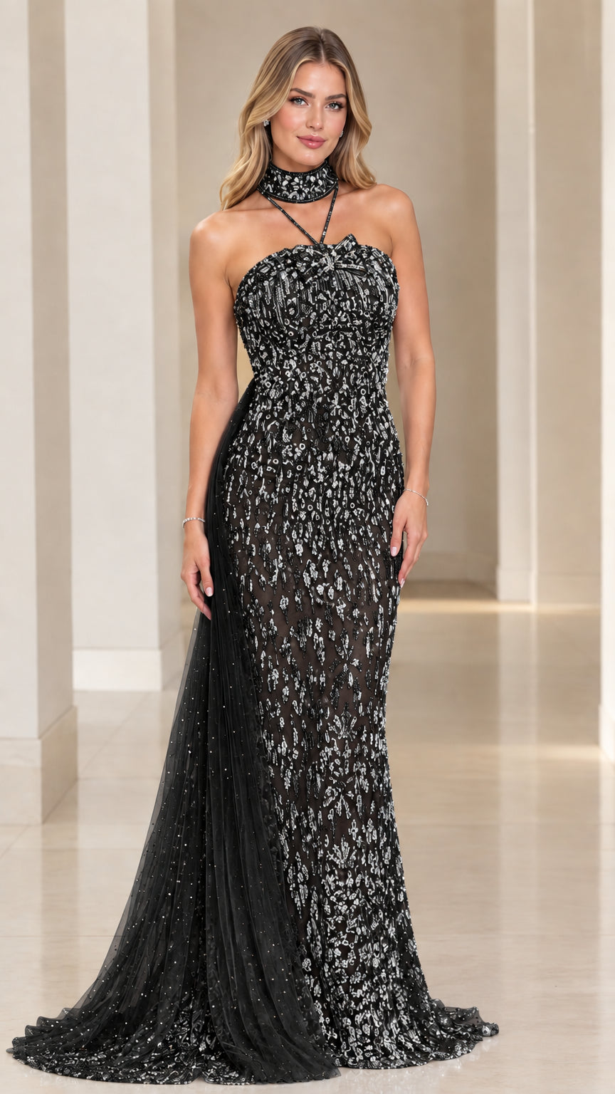 Black fully embellished mermaid evening dress with tulle train