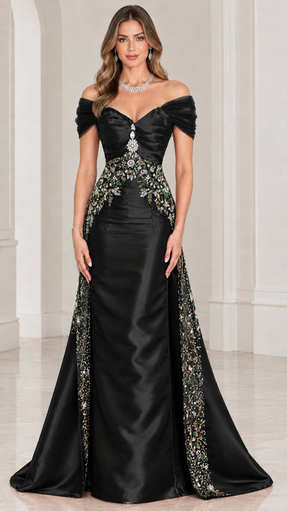 Front view of black satin off-the-shoulder evening gown with beaded waist accent