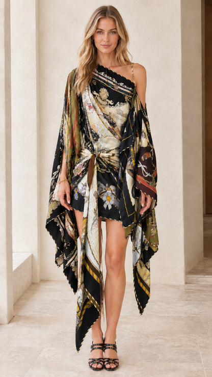 Front view of model wearing Black Multi scarf print one-shoulder draped mini dress