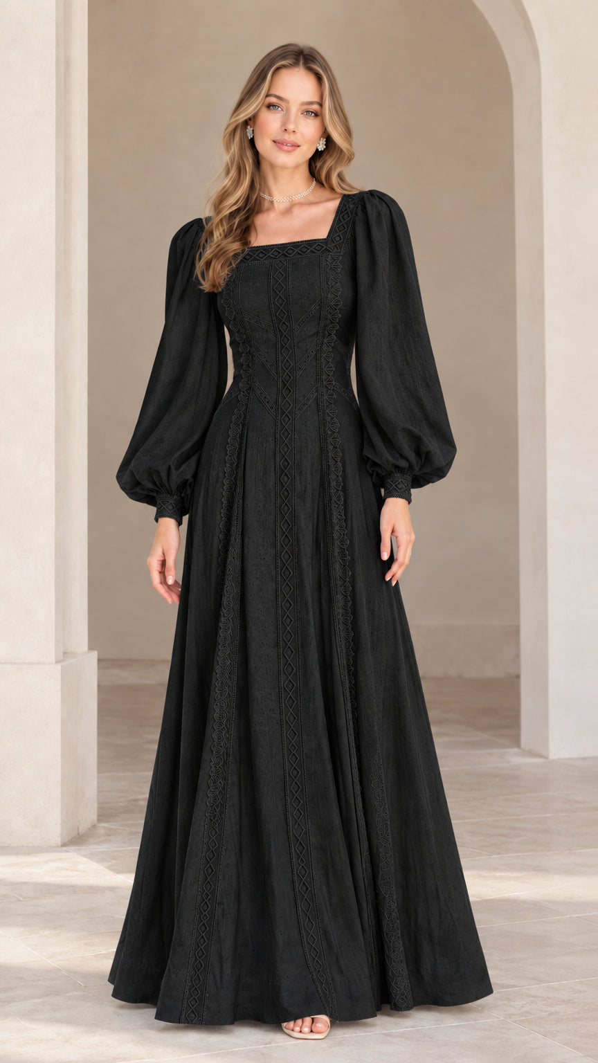 Front view of model wearing Black long sleeve embroidered square neck maxi dress