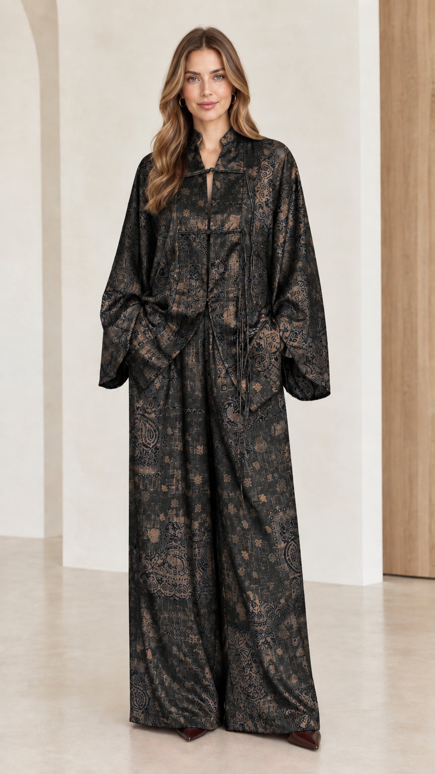 Model wearing Black vintage jacquard wide-sleeve tunic and matching pant set