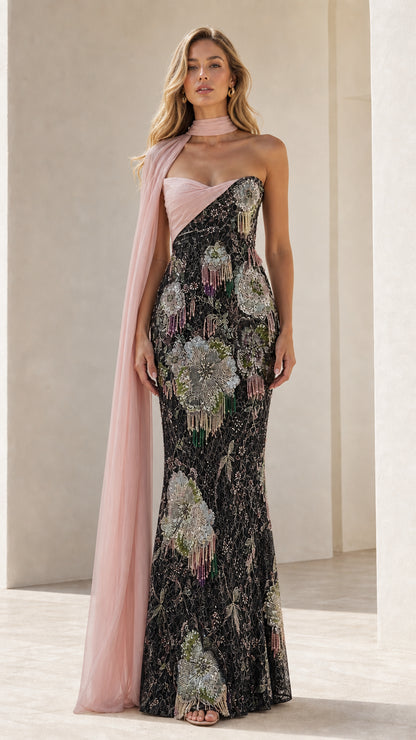 Front view of black floral beaded evening dress
