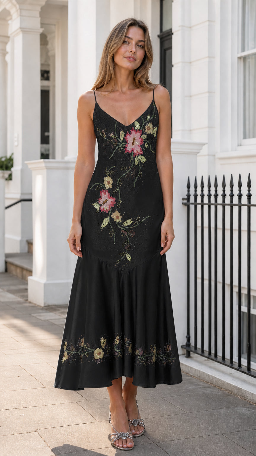 Front view of black satin slip midi dress with floral embroidery