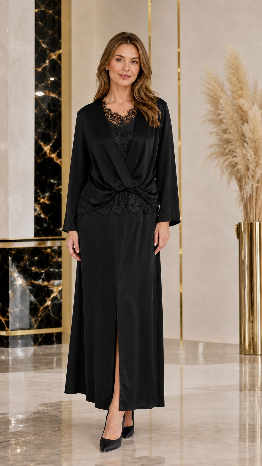 Black satin twist-front lace-trimmed formal maxi dress