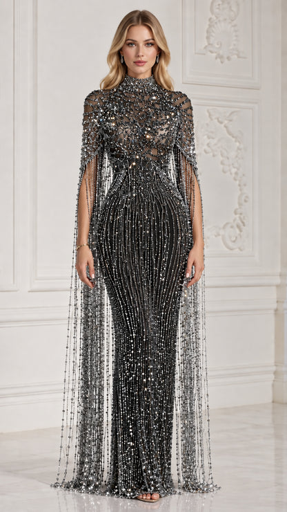 Classic Black high neck beaded evening dress with shimmering cape sleeves on model