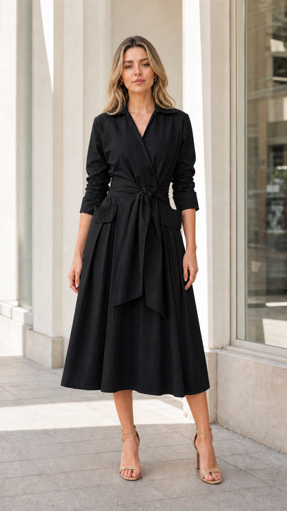 Front view of woman wearing black lapel midi trench dress
