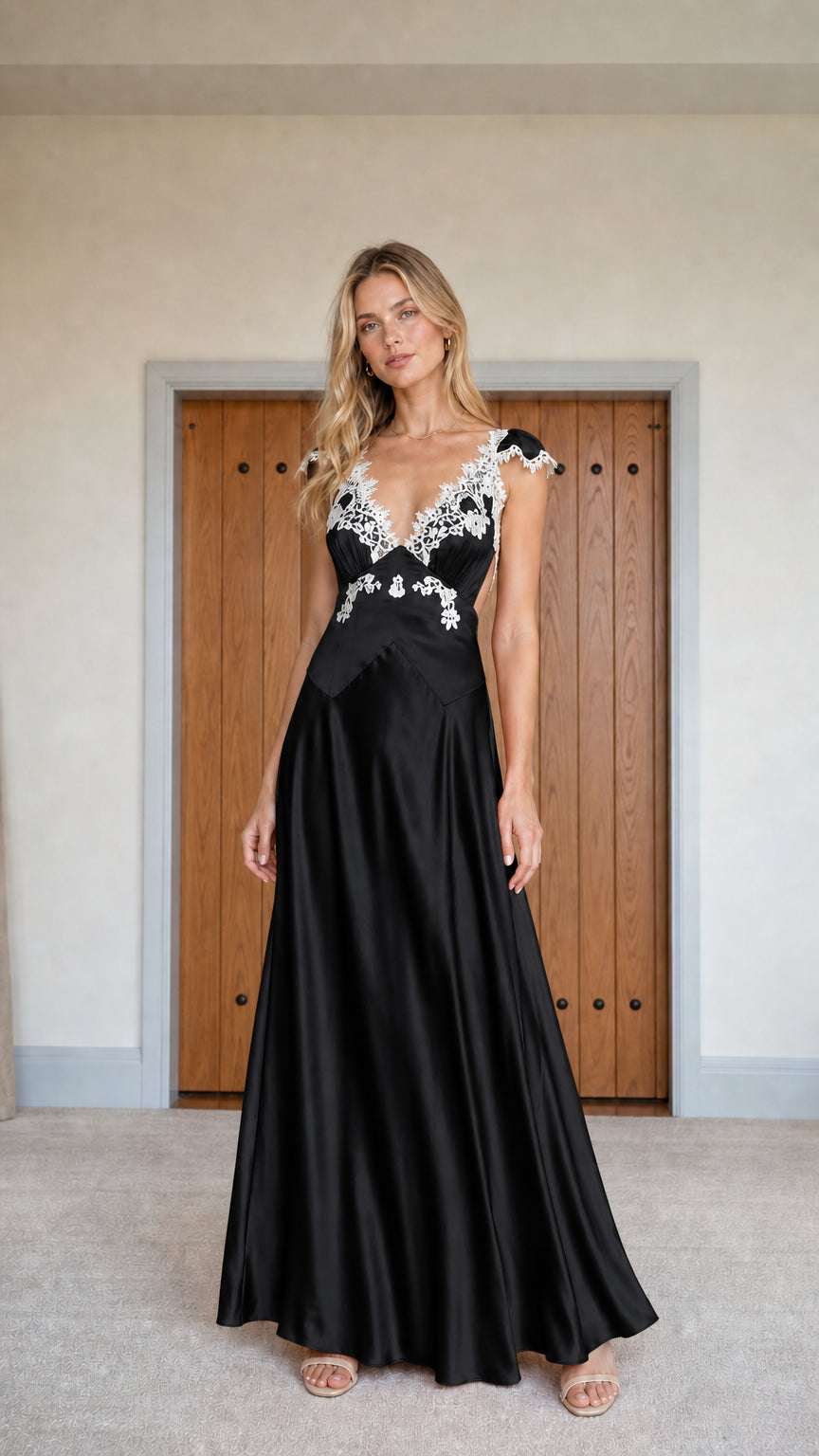 Full view of black satin lace-trim maxi dress variant