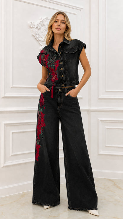 Model wearing black embroidered denim matching set