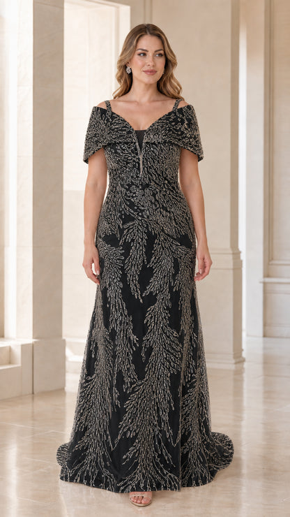 Full view of black color variant featuring intricate silver embroidery