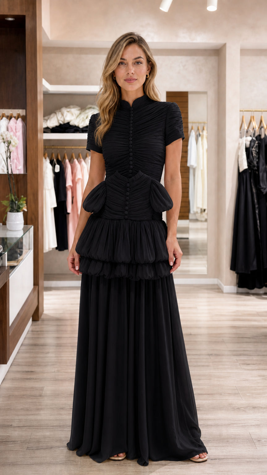 Model wearing black ruched mock neck tiered maxi evening dress