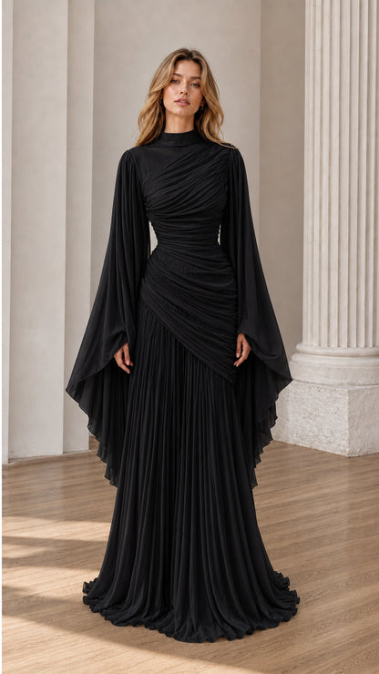Front view of Black ruched high-neck maxi dress