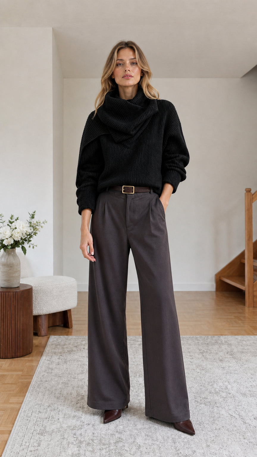Woman wearing black asymmetric draped collar ribbed knit sweater with dark grey trousers