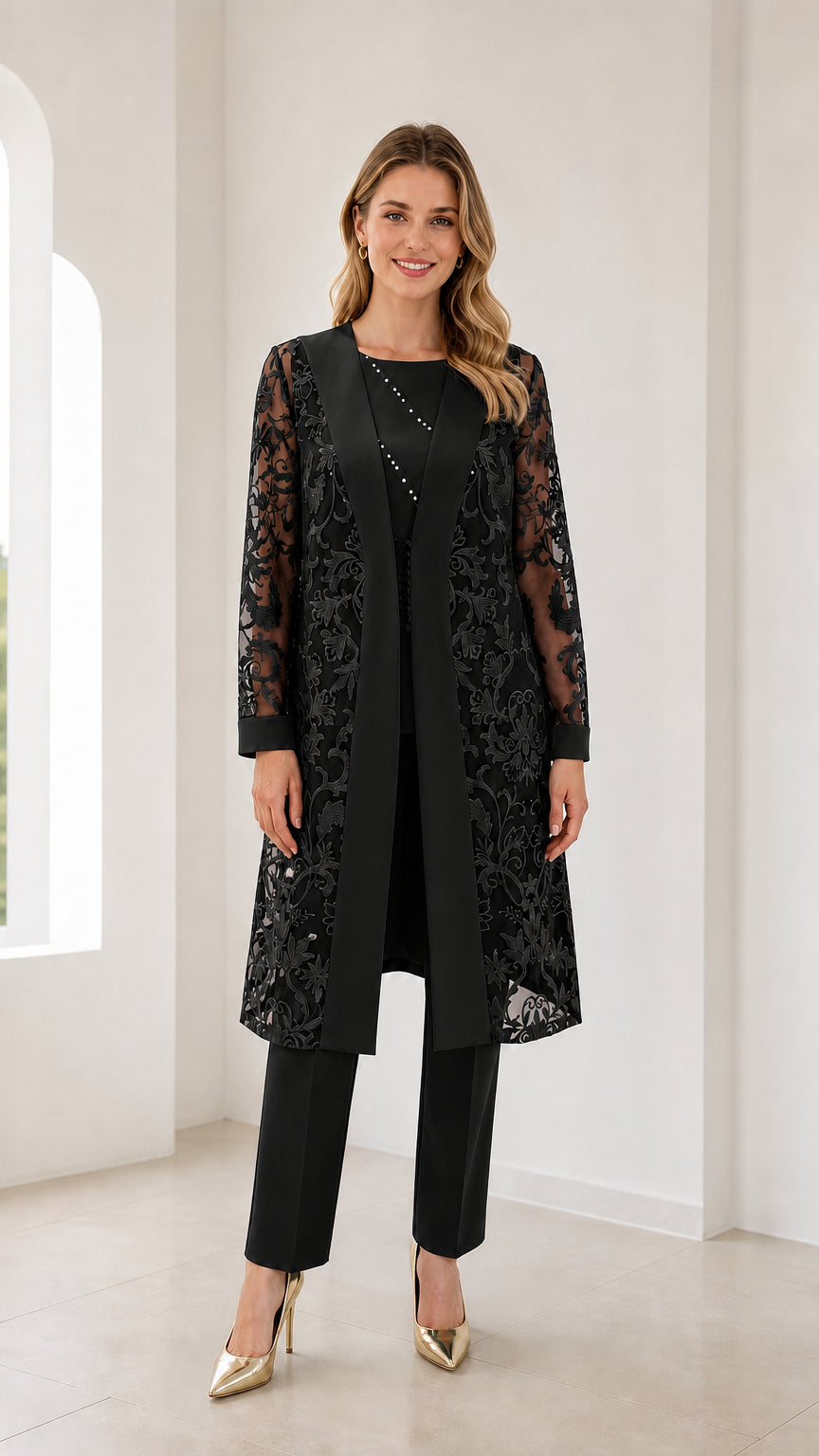 Model wearing black 3-piece lace duster jacket and pants set