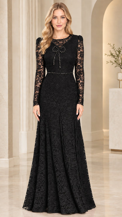 Front view of model wearing black floral lace long sleeve formal maxi dress