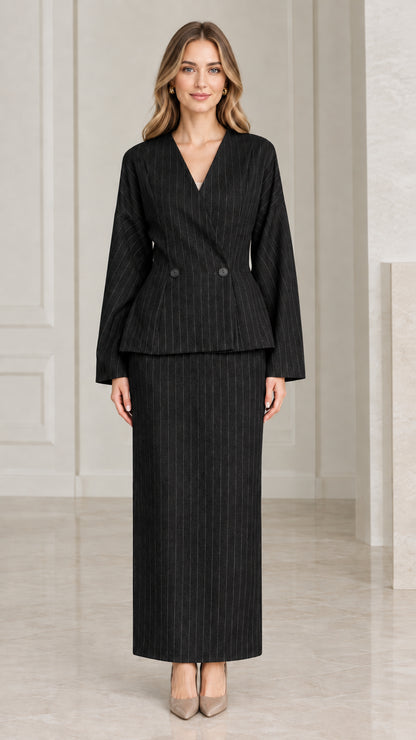 Black pinstripe collarless peplum top and long skirt two-piece outfit
