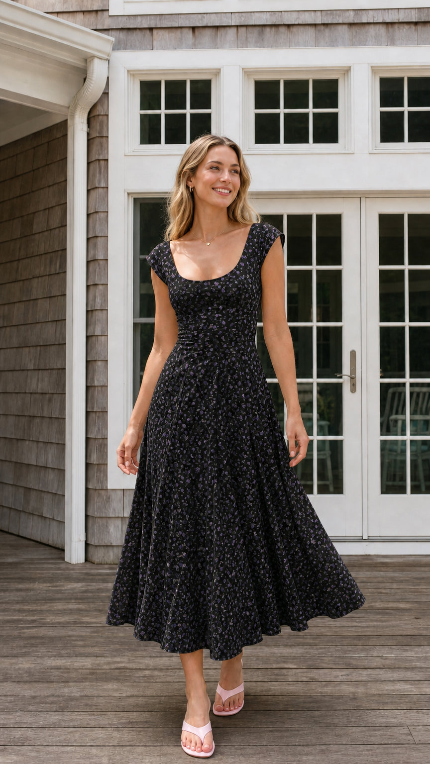 Front view of black floral midi dress on model