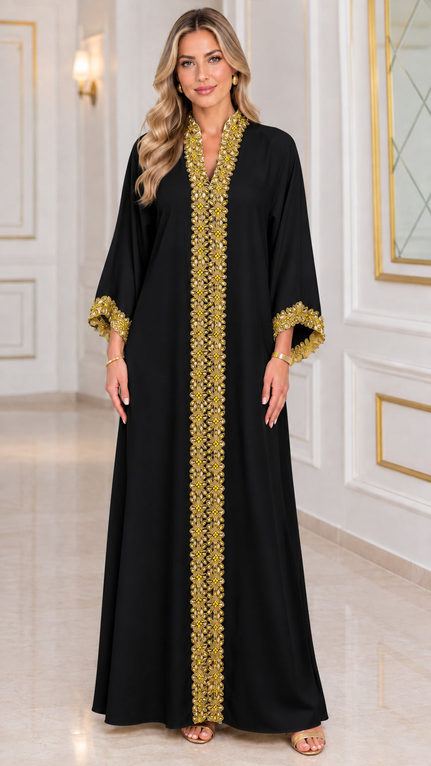 Front view of black kaftan maxi dress with gold embroidered center trim