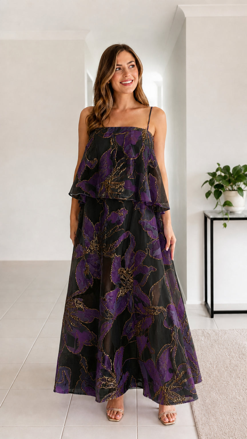 Front view of black and purple floral metallic tiered cami maxi dress